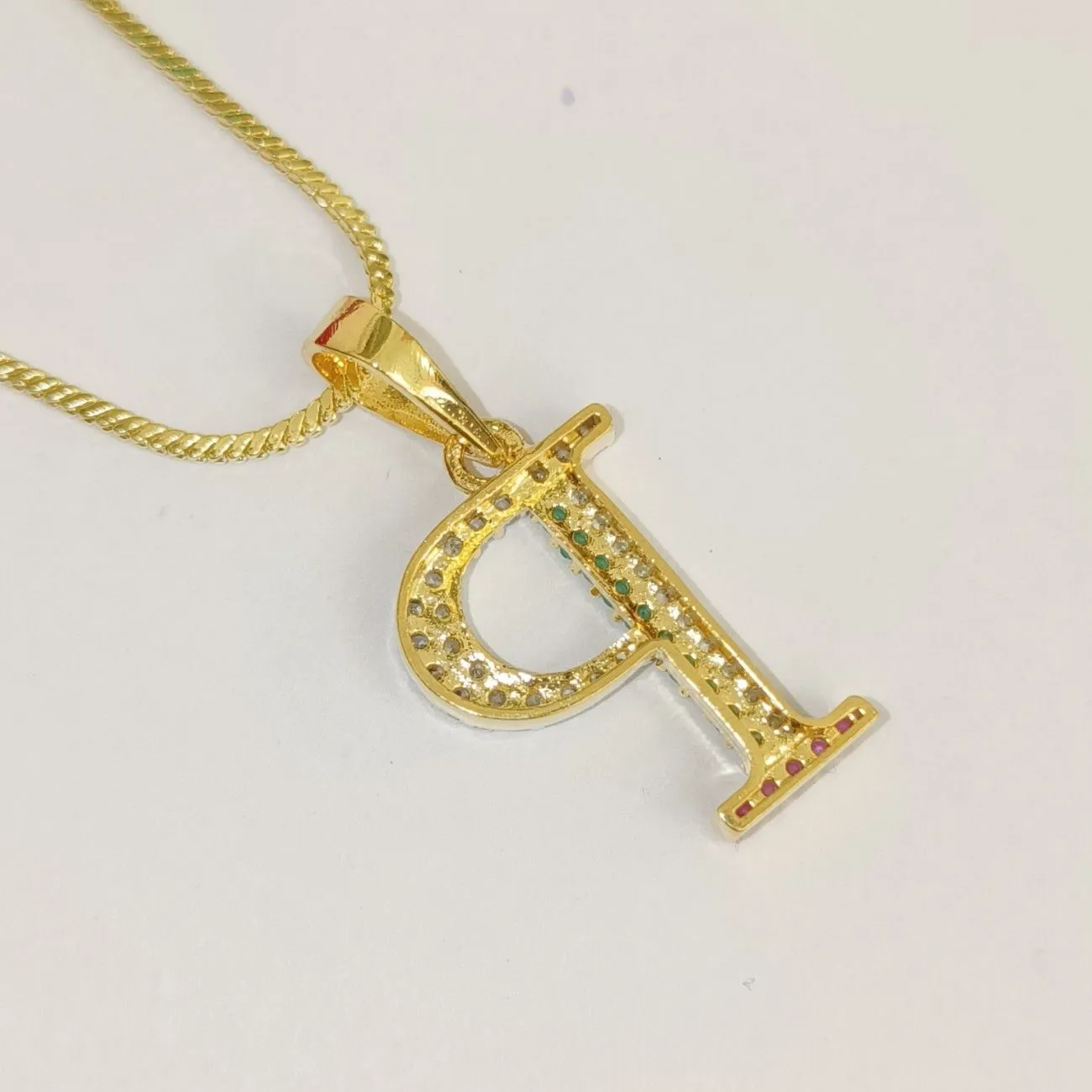 Nimoraa P Initial Gold Plated Pendant Chain with Red & Green Stones