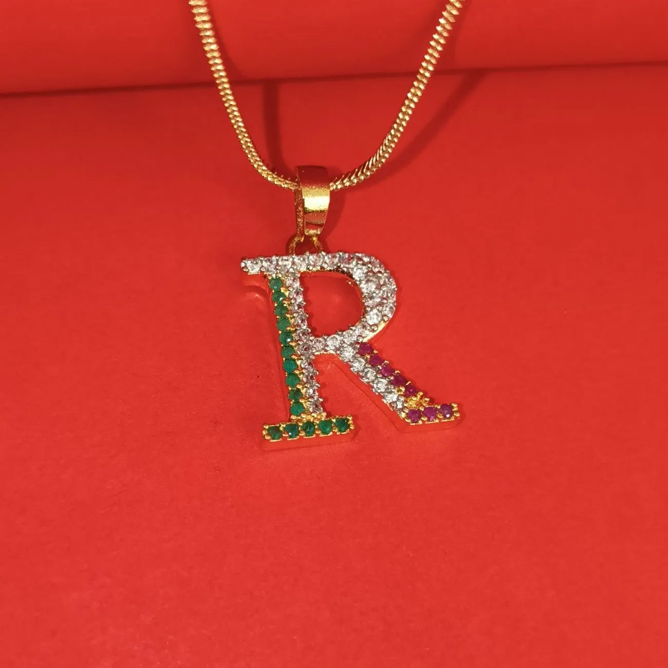 Nimoraa R Initial Gold Plated Pendant Chain with Red & Green Stones