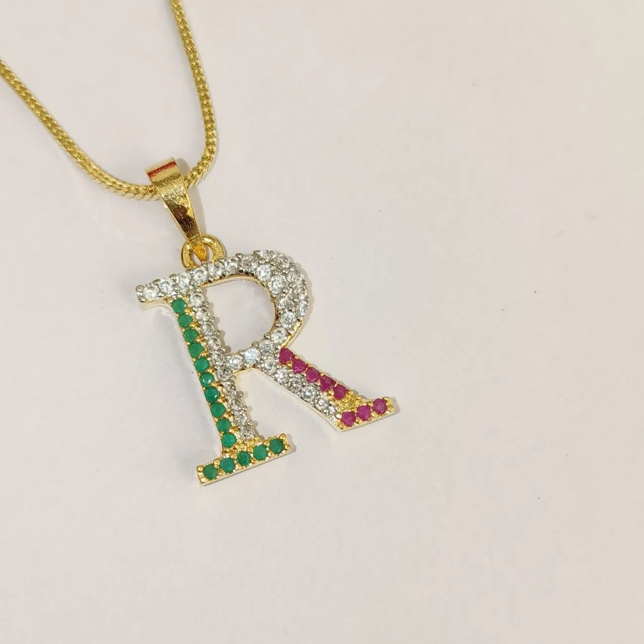 Nimoraa R Initial Gold Plated Pendant Chain with Red & Green Stones