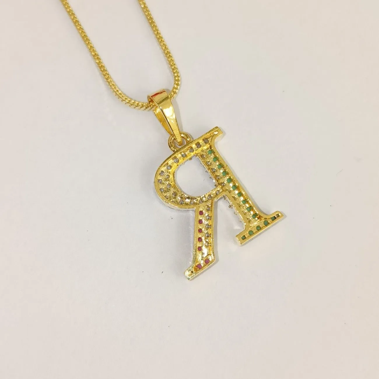 Nimoraa R Initial Gold Plated Pendant Chain with Red & Green Stones