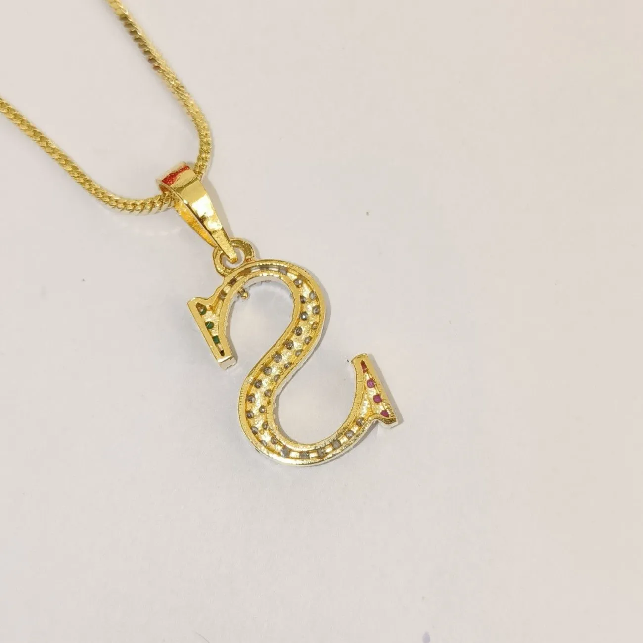 Nimoraa S Initial Gold Plated Pendant Chain with Red & Green Stones