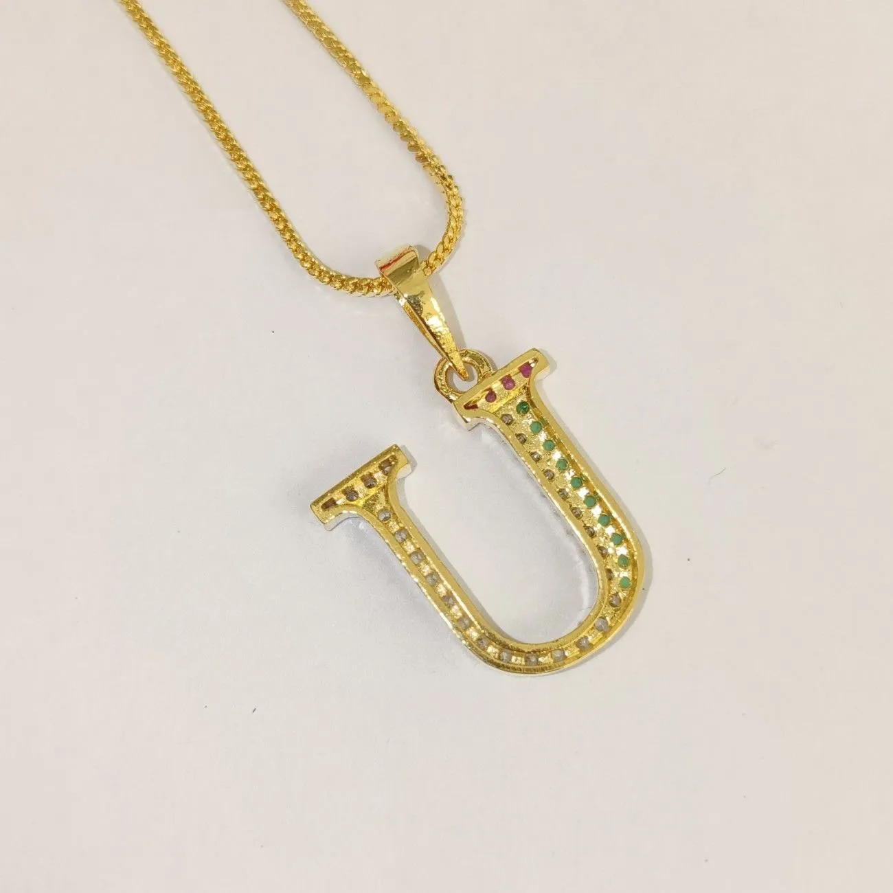 Nimoraa U Initial Gold Plated Pendant Chain with Red & Green Stones