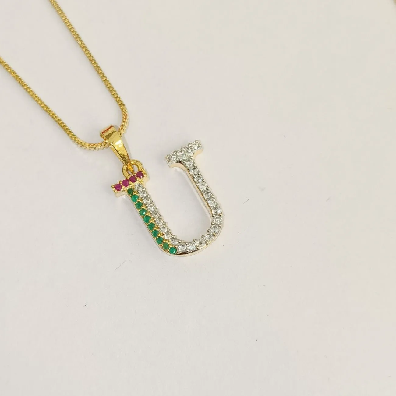 Nimoraa U Initial Gold Plated Pendant Chain with Red & Green Stones