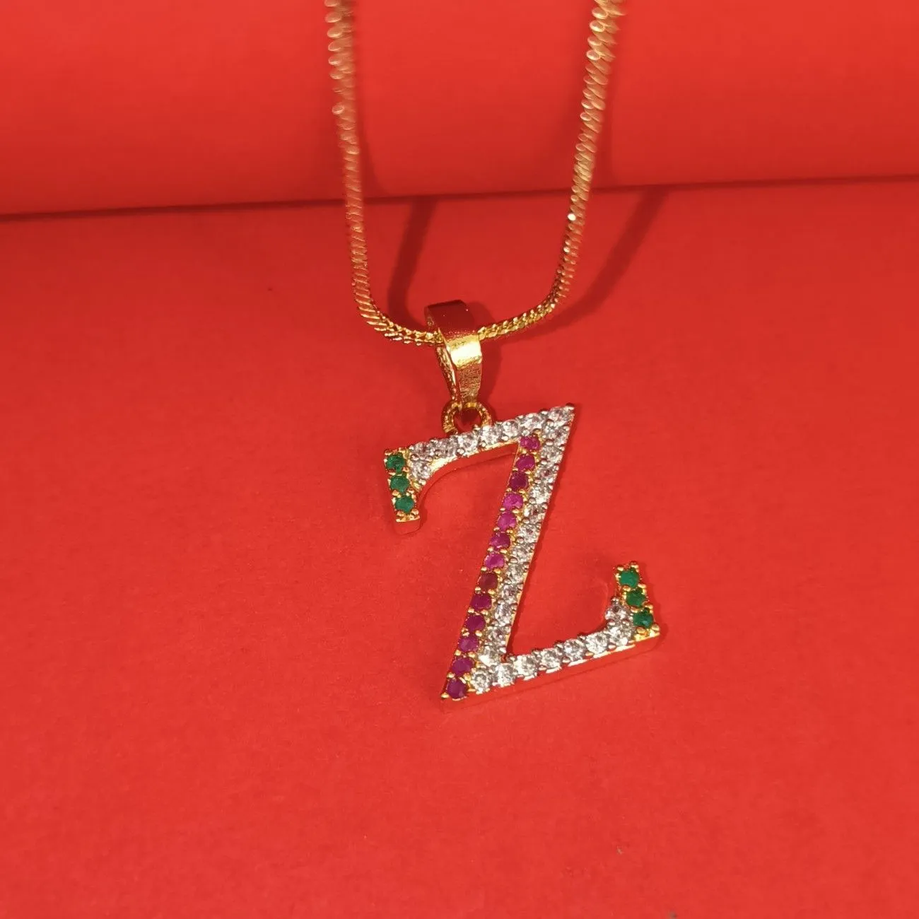 Nimoraa Z Initial Gold Plated Pendant Chain with Red & Green Stones