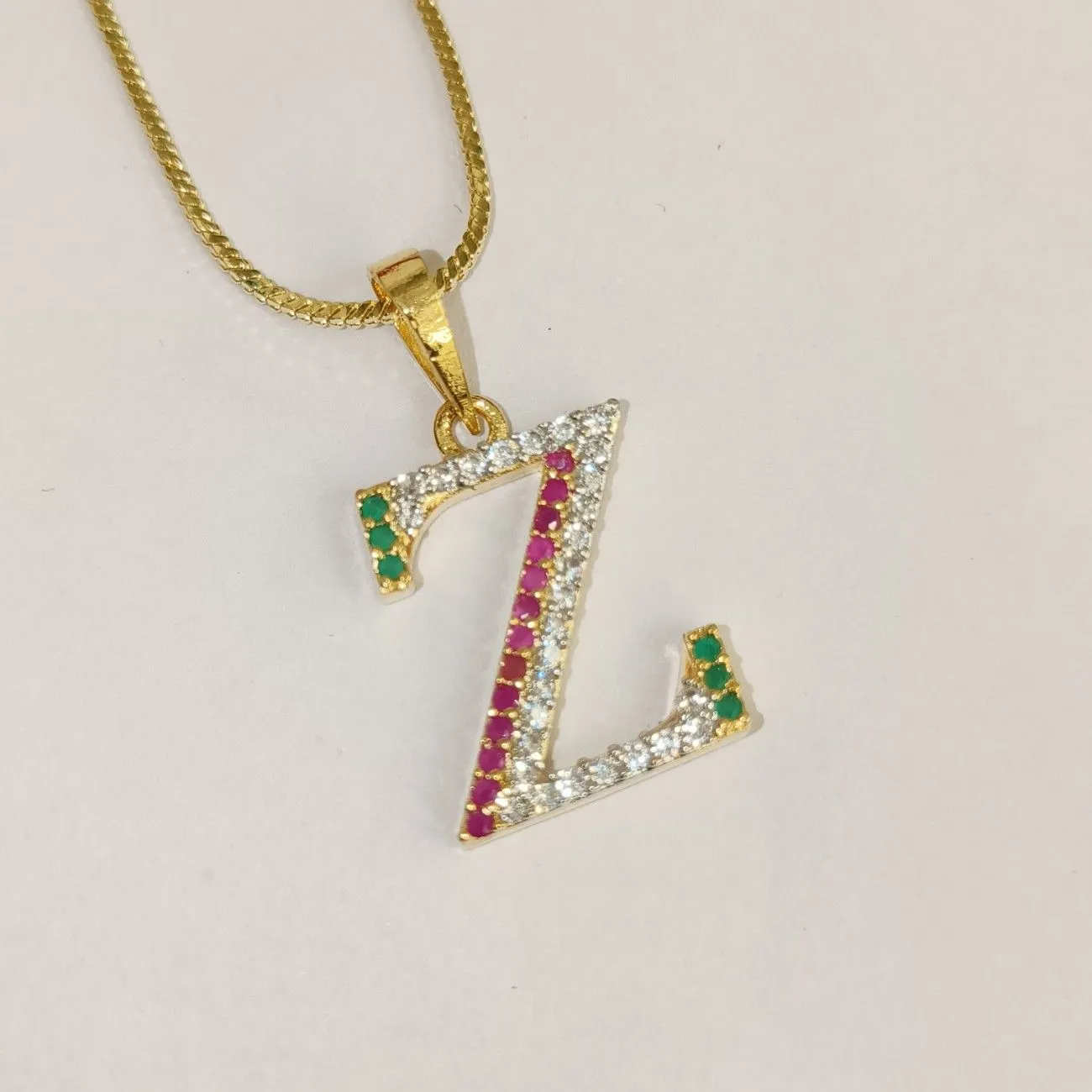 Nimoraa Z Initial Gold Plated Pendant Chain with Red & Green Stones