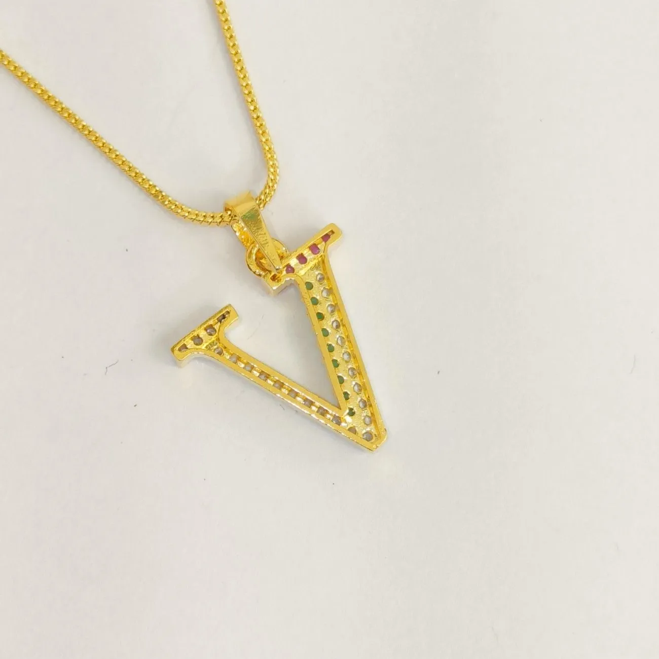 Nimoraa V Initial Gold Plated Pendant Chain with Red & Green Stones