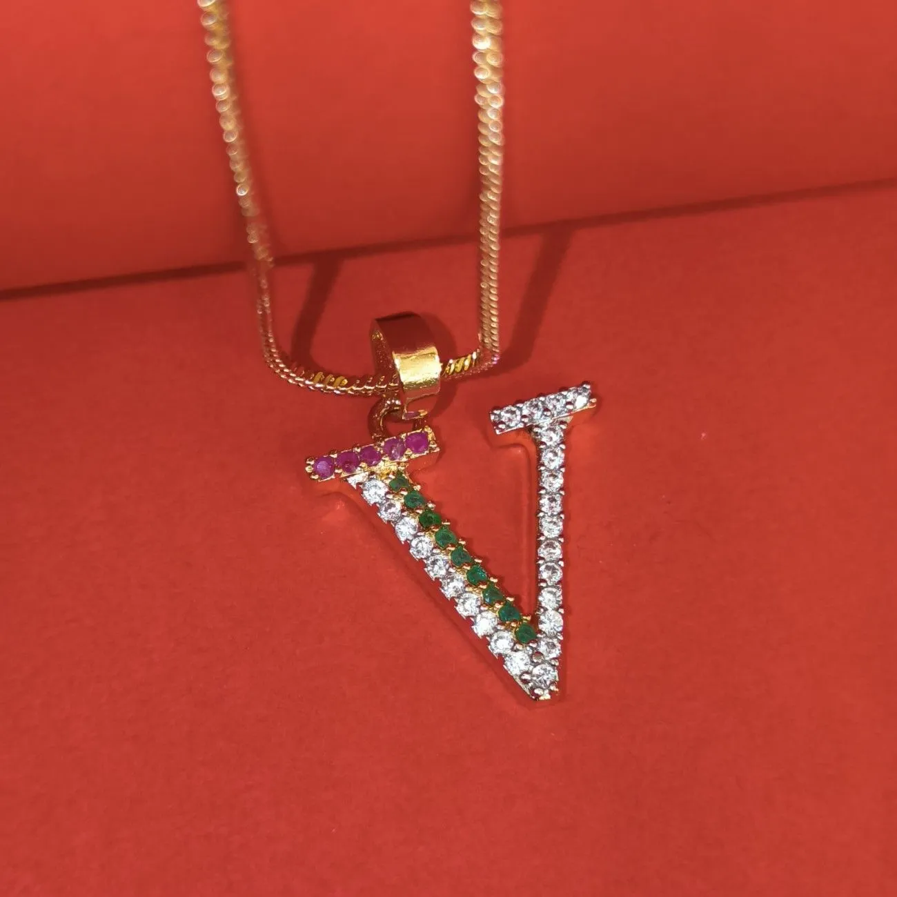 Nimoraa V Initial Gold Plated Pendant Chain with Red & Green Stones