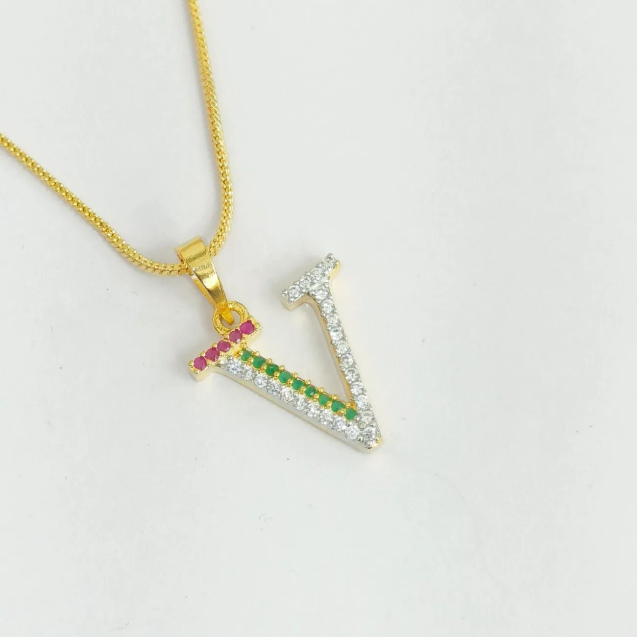 Nimoraa V Initial Gold Plated Pendant Chain with Red & Green Stones