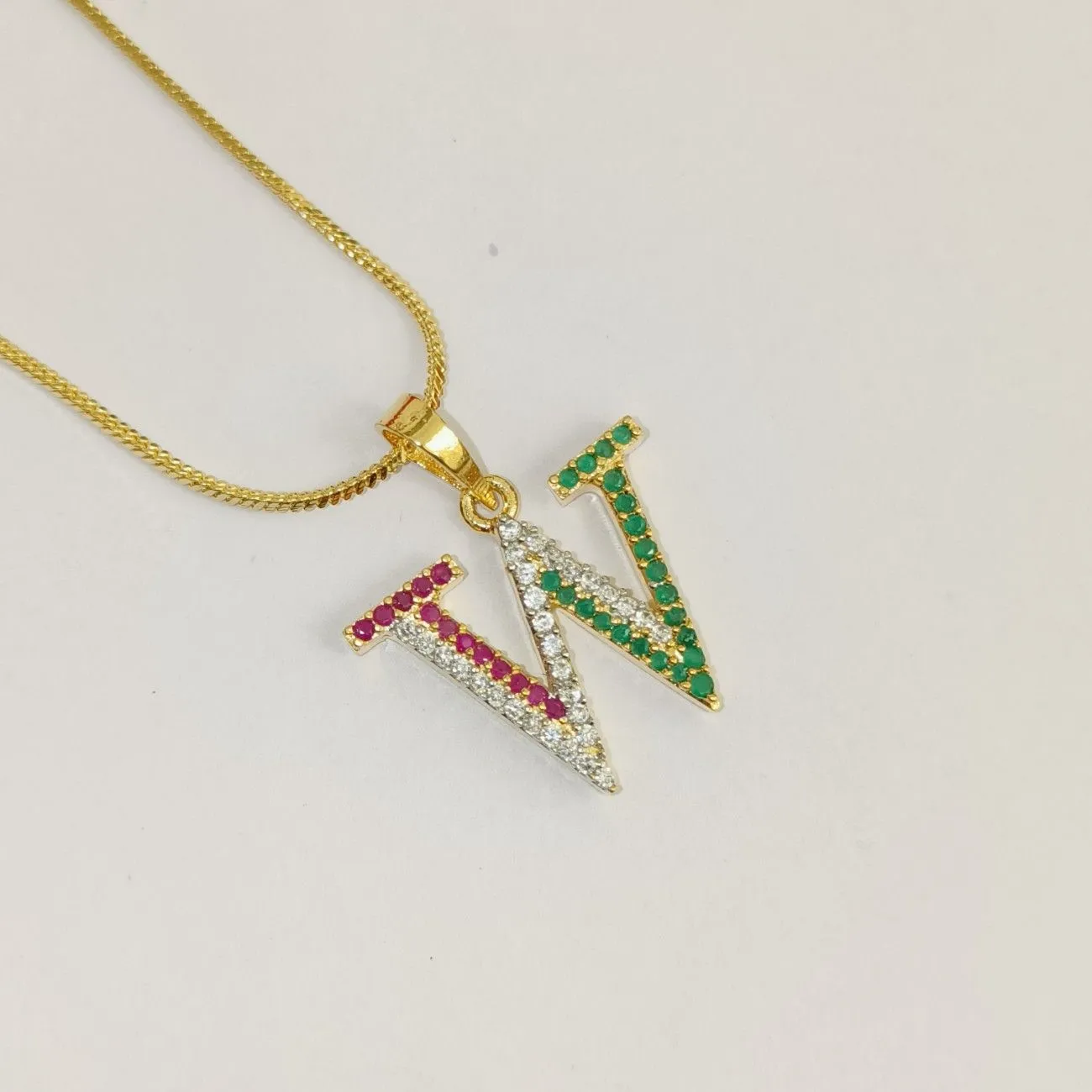Nimoraa W Initial Gold Plated Pendant Chain with Red & Green Stones