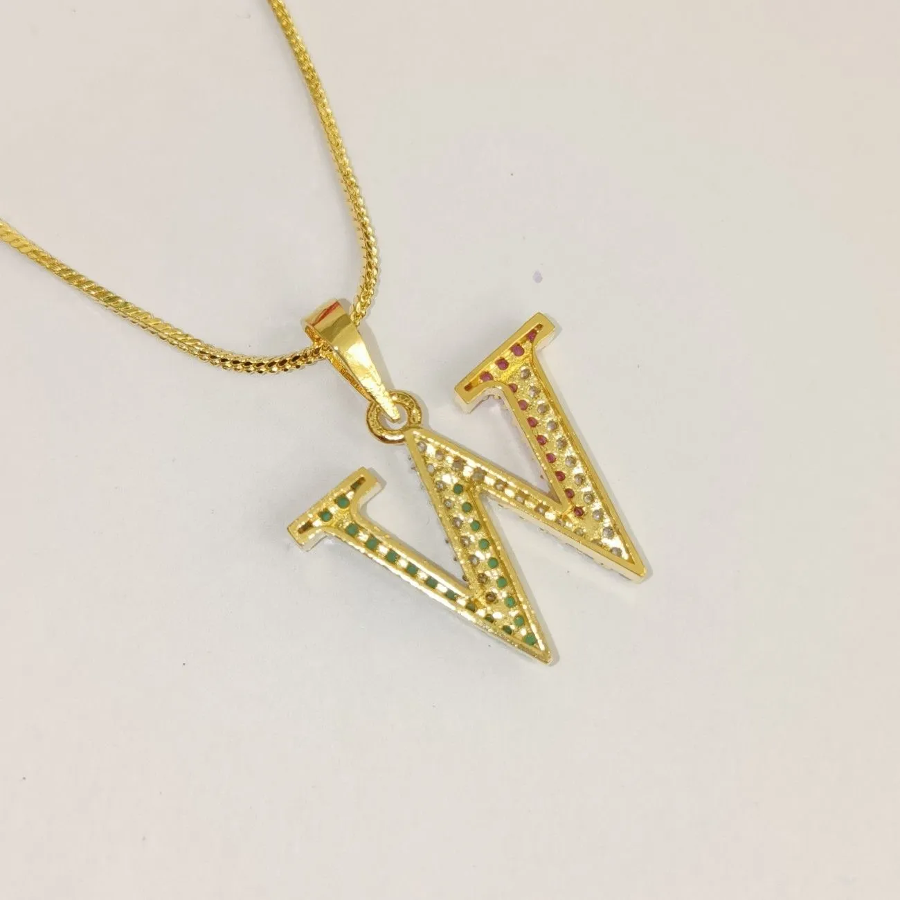Nimoraa W Initial Gold Plated Pendant Chain with Red & Green Stones