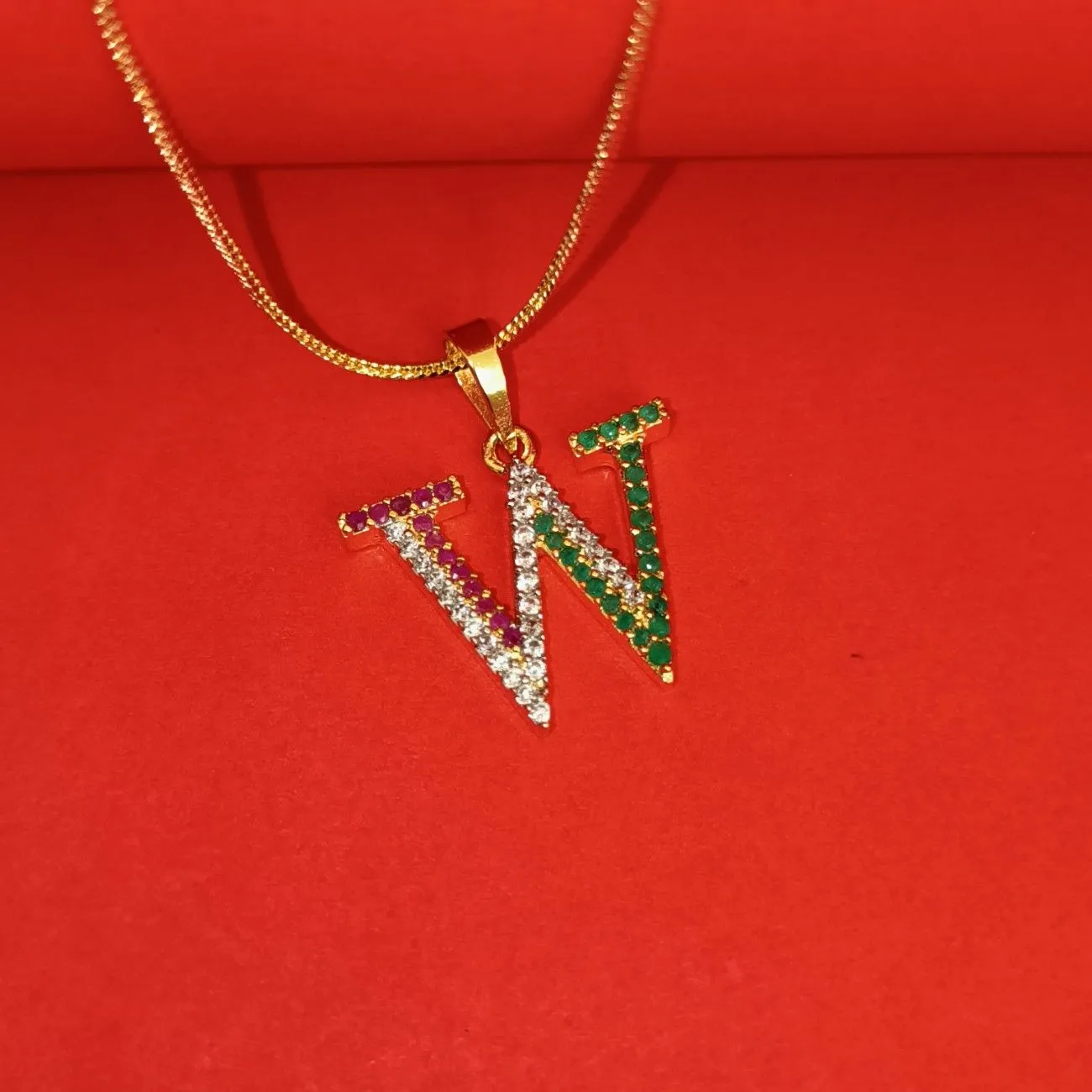 Nimoraa W Initial Gold Plated Pendant Chain with Red & Green Stones