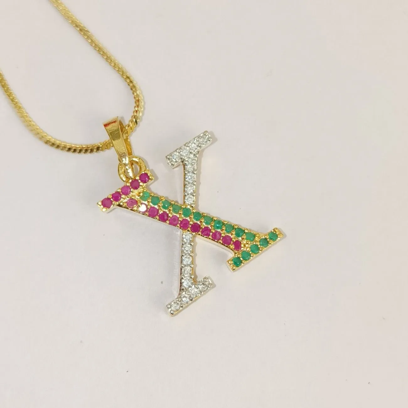 Nimoraa X Initial Gold Plated Pendant Chain with Red & Green Stones
