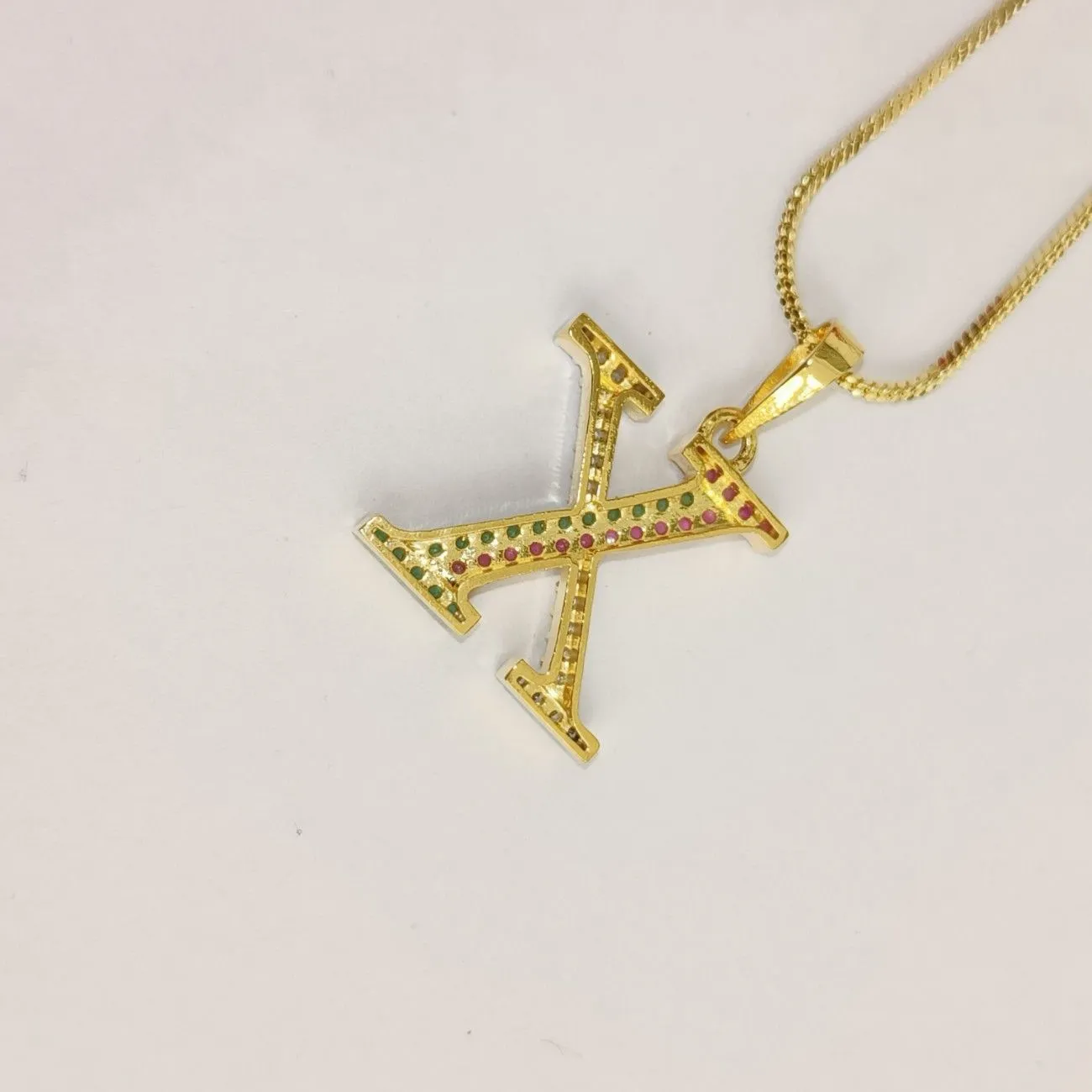 Nimoraa X Initial Gold Plated Pendant Chain with Red & Green Stones
