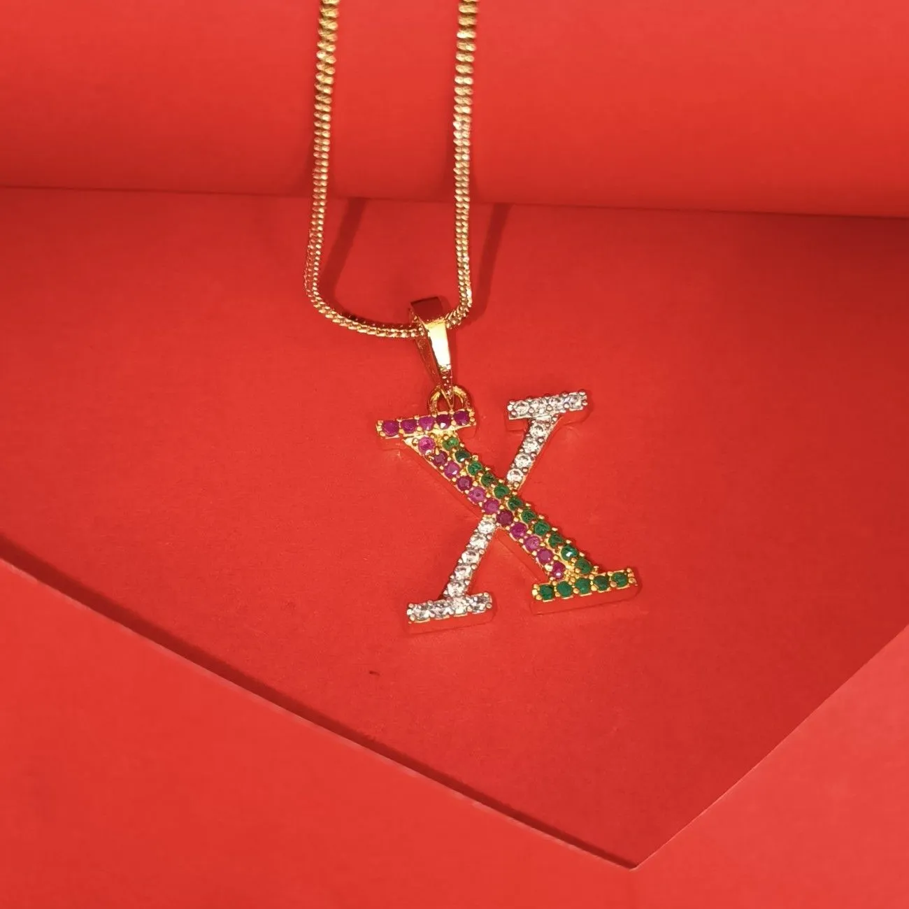 Nimoraa X Initial Gold Plated Pendant Chain with Red & Green Stones