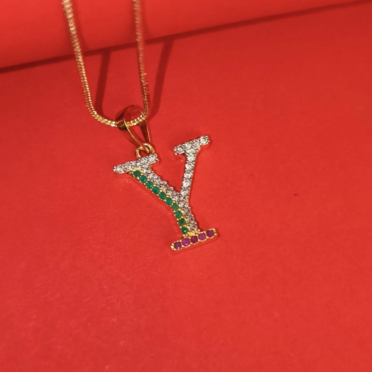 Nimoraa Y Initial Gold Plated Pendant Chain with Red & Green Stones