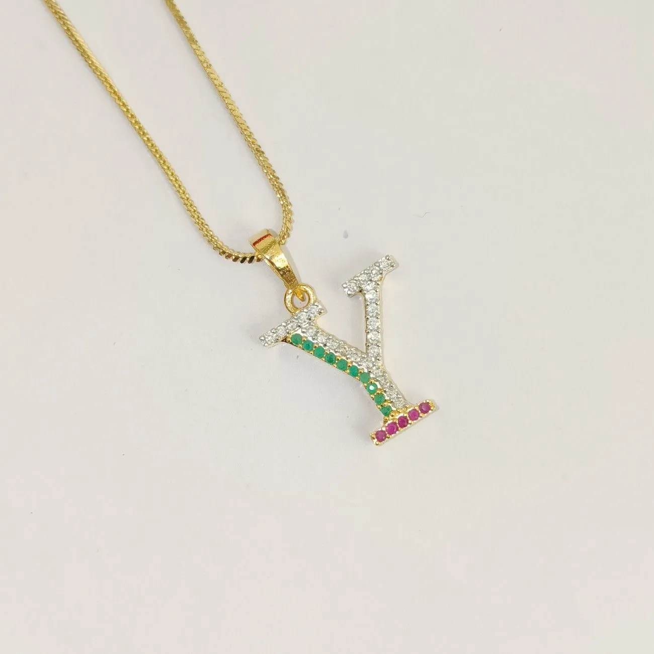 Nimoraa Y Initial Gold Plated Pendant Chain with Red & Green Stones
