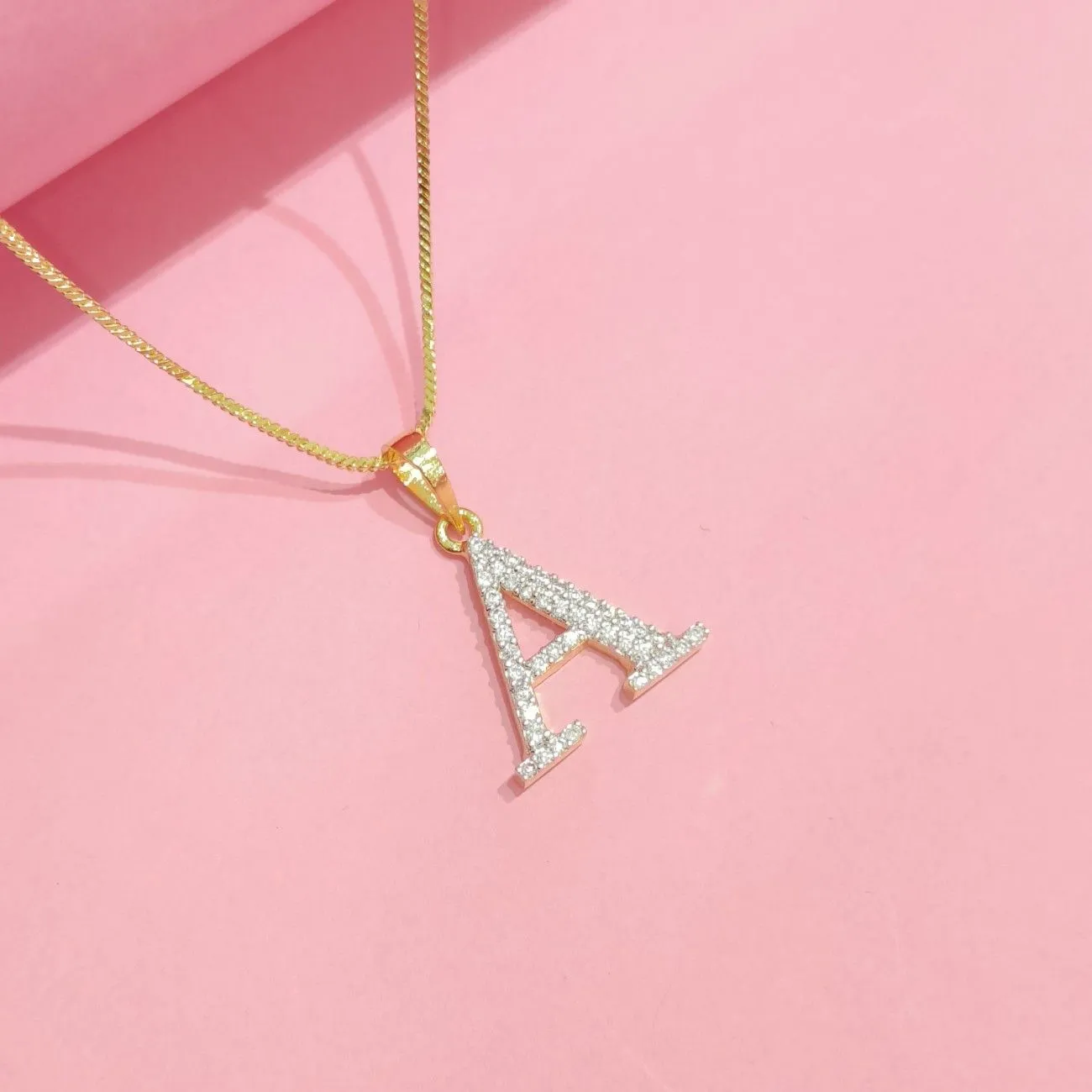 Nimoraa A Initial Small Gold Plated White Stone Pendant Chain