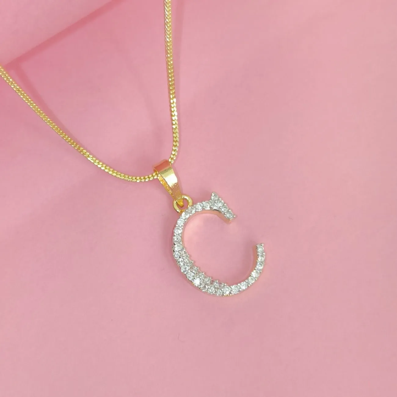 Nimoraa C Initial Small Gold Plated White Stone Pendant Chain