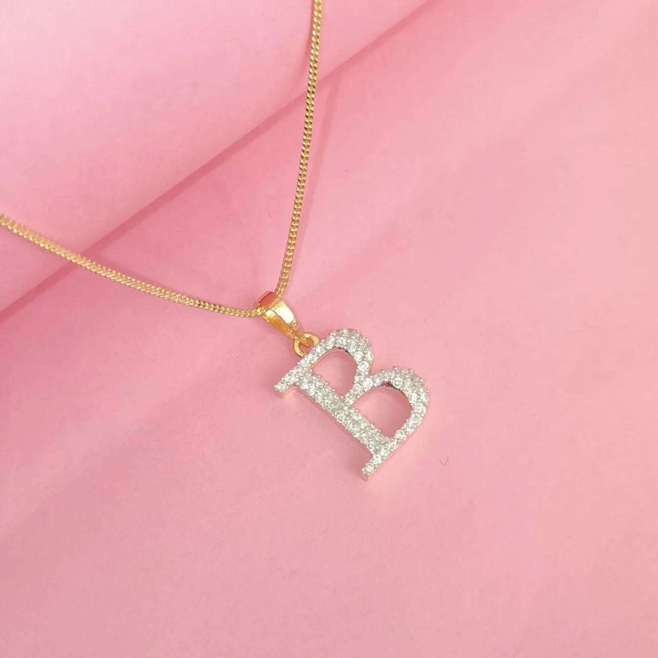 Nimoraa B Initial Small Gold Plated White Stone Pendant Chain