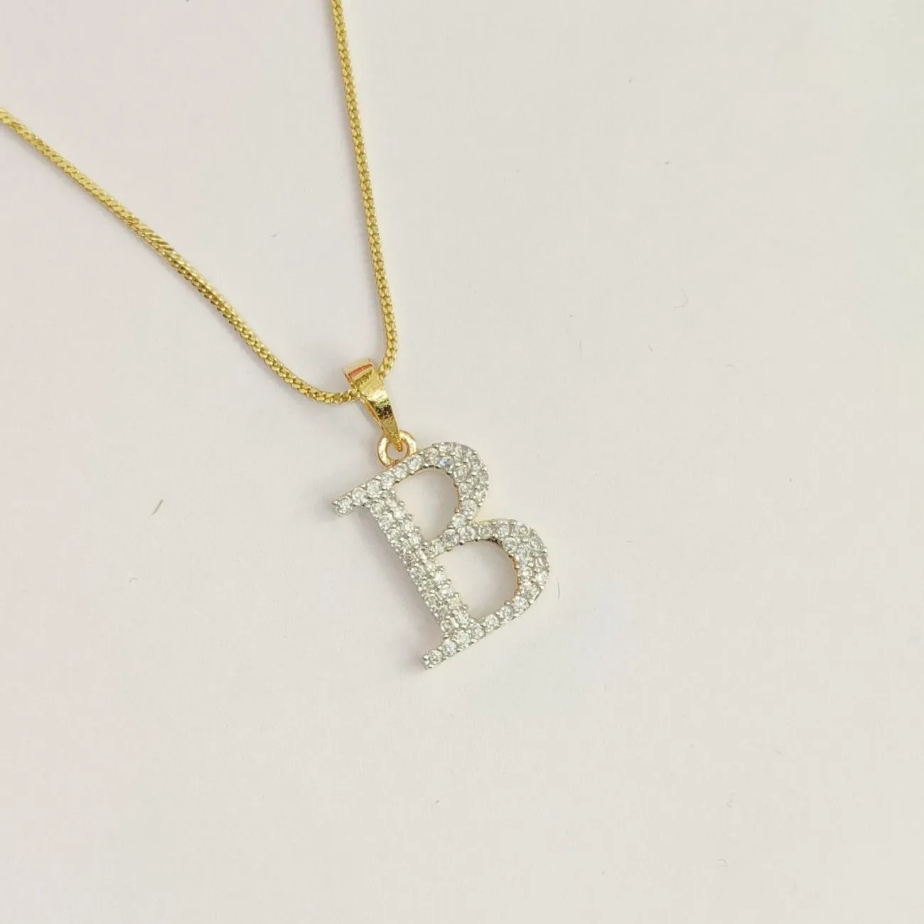 Nimoraa B Initial Small Gold Plated White Stone Pendant Chain