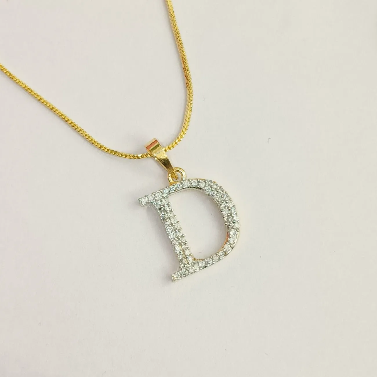 Nimoraa D Initial Small Gold Plated White Stone Pendant Chain