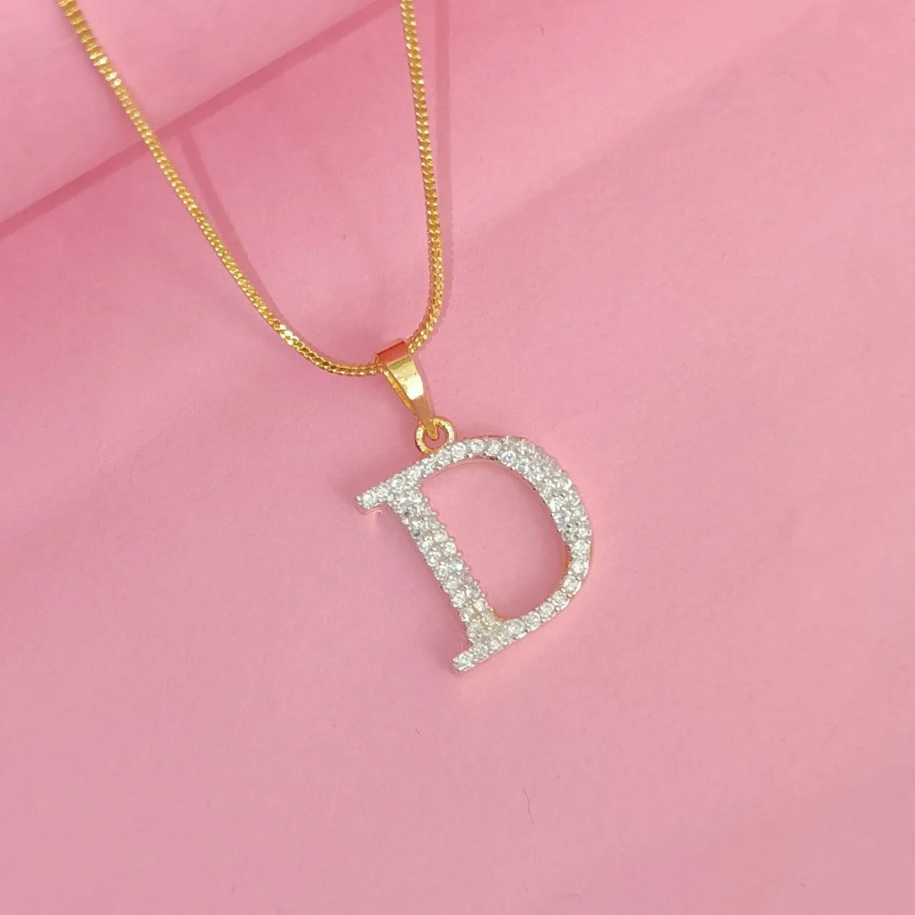 Nimoraa D Initial Small Gold Plated White Stone Pendant Chain