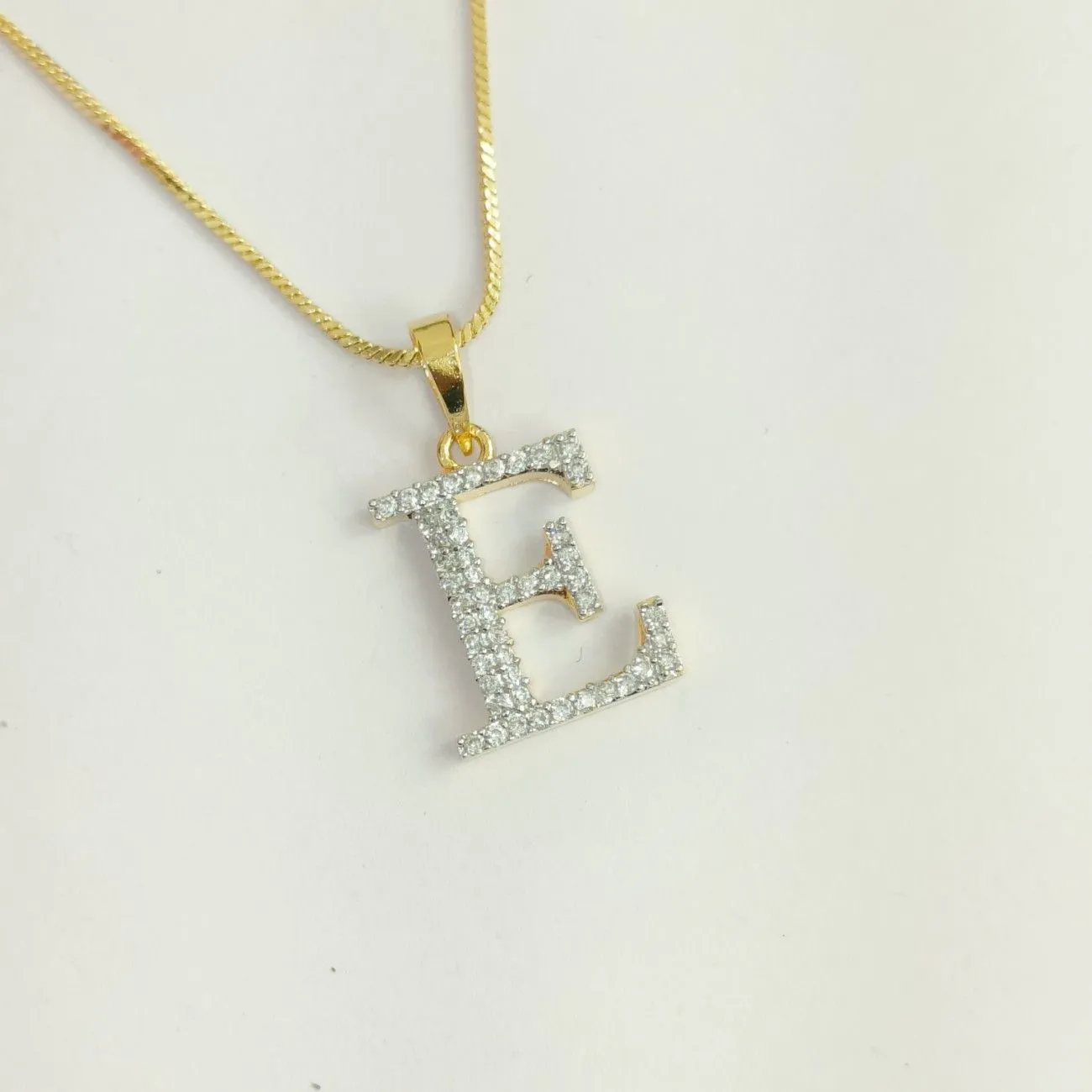 Nimoraa E Initial Small Gold Plated White Stone Pendant Chain