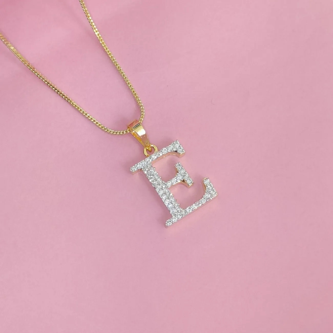 Nimoraa E Initial Small Gold Plated White Stone Pendant Chain