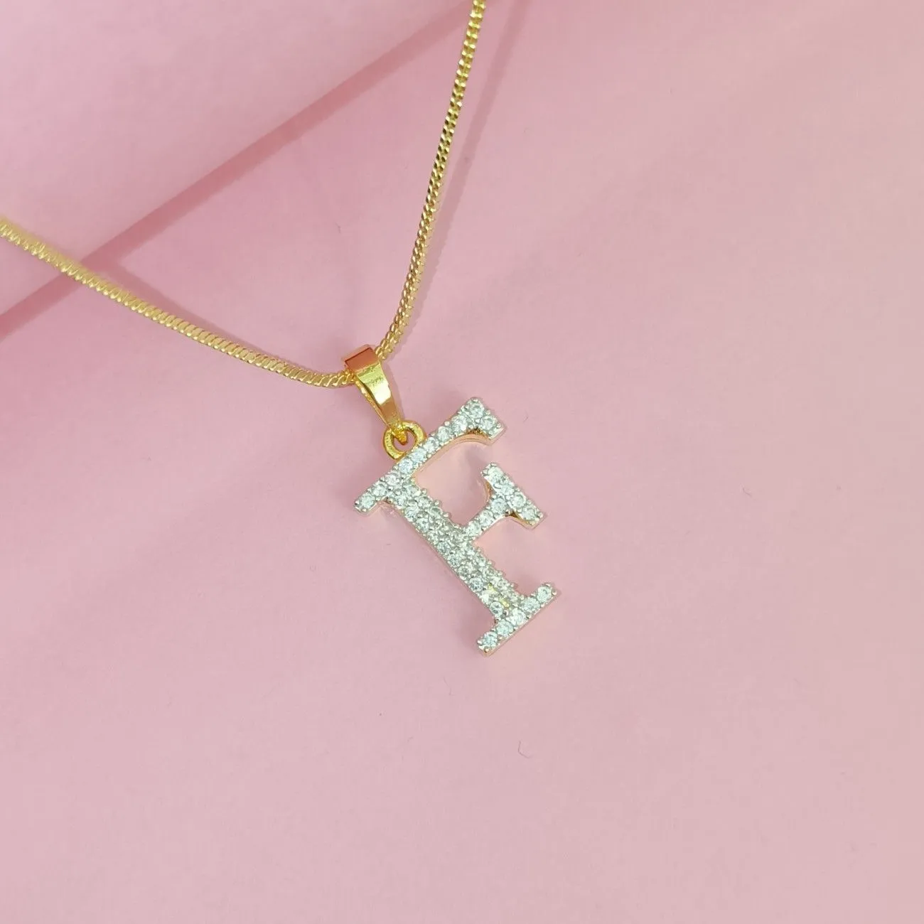 Nimoraa F Initial Small Gold Plated White Stone Pendant Chain