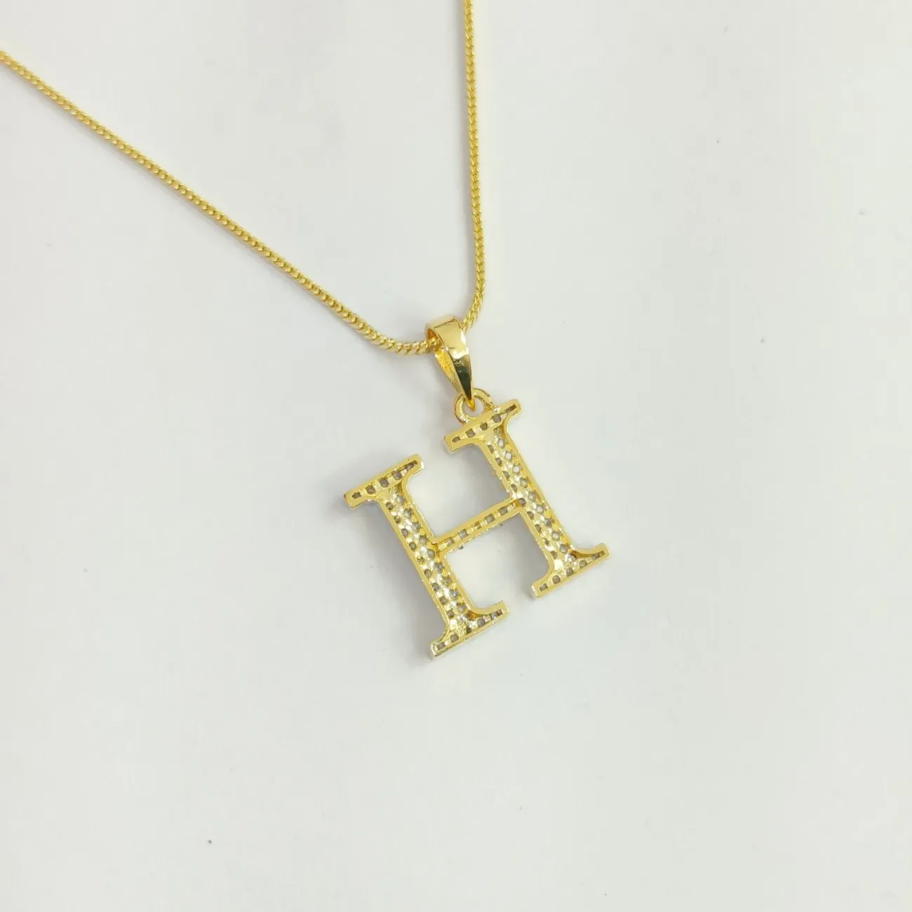 Nimoraa H Initial Small Gold Plated White Stone Pendant Chain