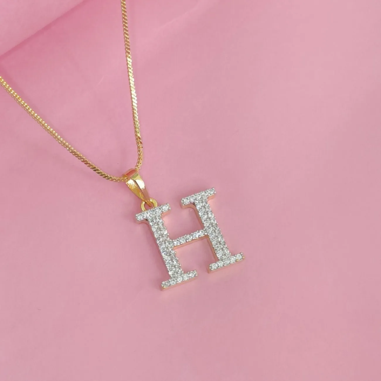 Nimoraa H Initial Small Gold Plated White Stone Pendant Chain