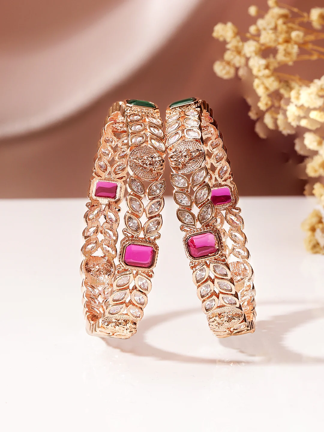 Razia Kundan Leaf Luxe Bangles (Rose Gold Finish)
