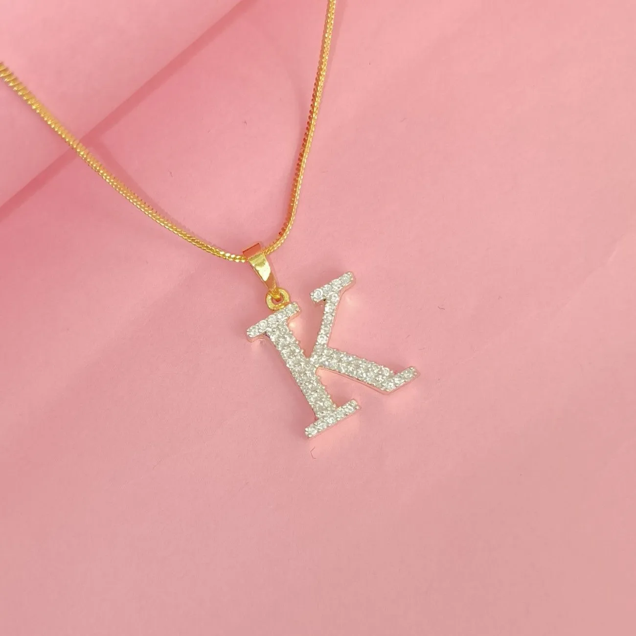 Nimoraa K Initial Small Gold Plated White Stone Pendant Chain
