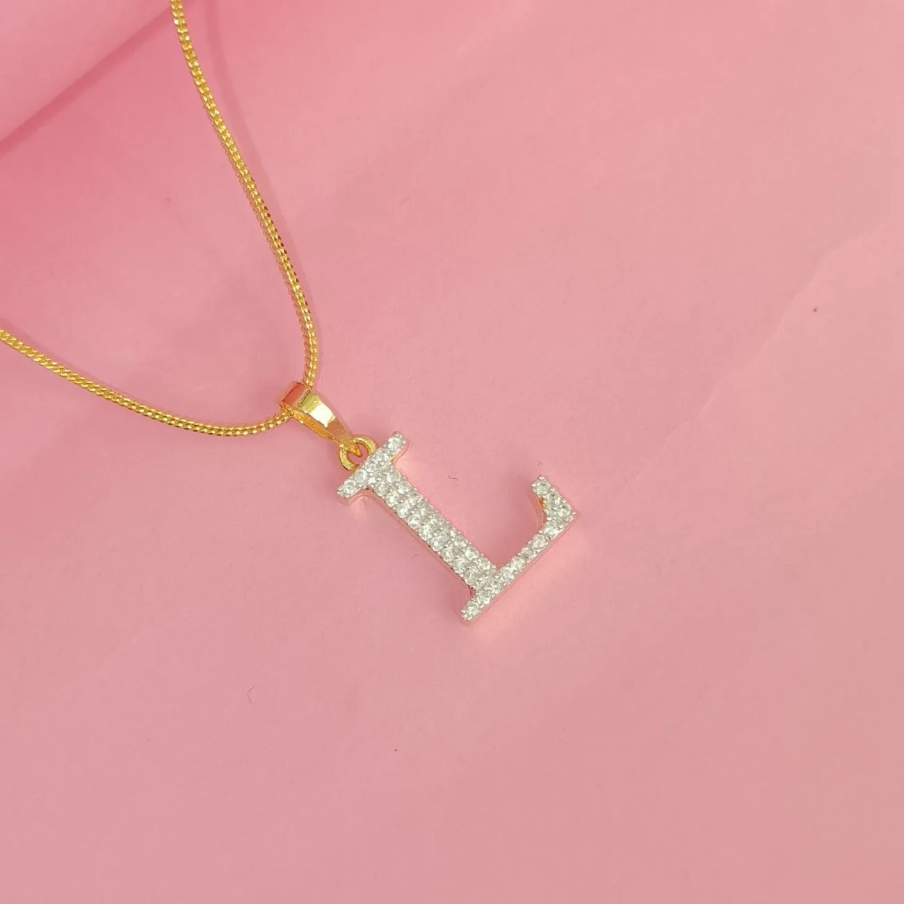 Nimoraa L Initial Small Gold Plated White Stone Pendant Chain