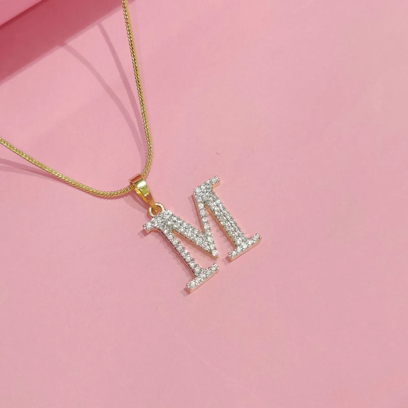 Nimoraa M Initial Small Gold Plated White Stone Pendant Chain