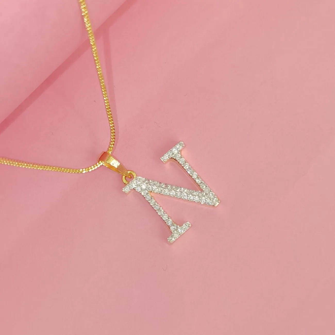 Nimoraa N Initial Small Gold Plated White Stone Pendant Chain
