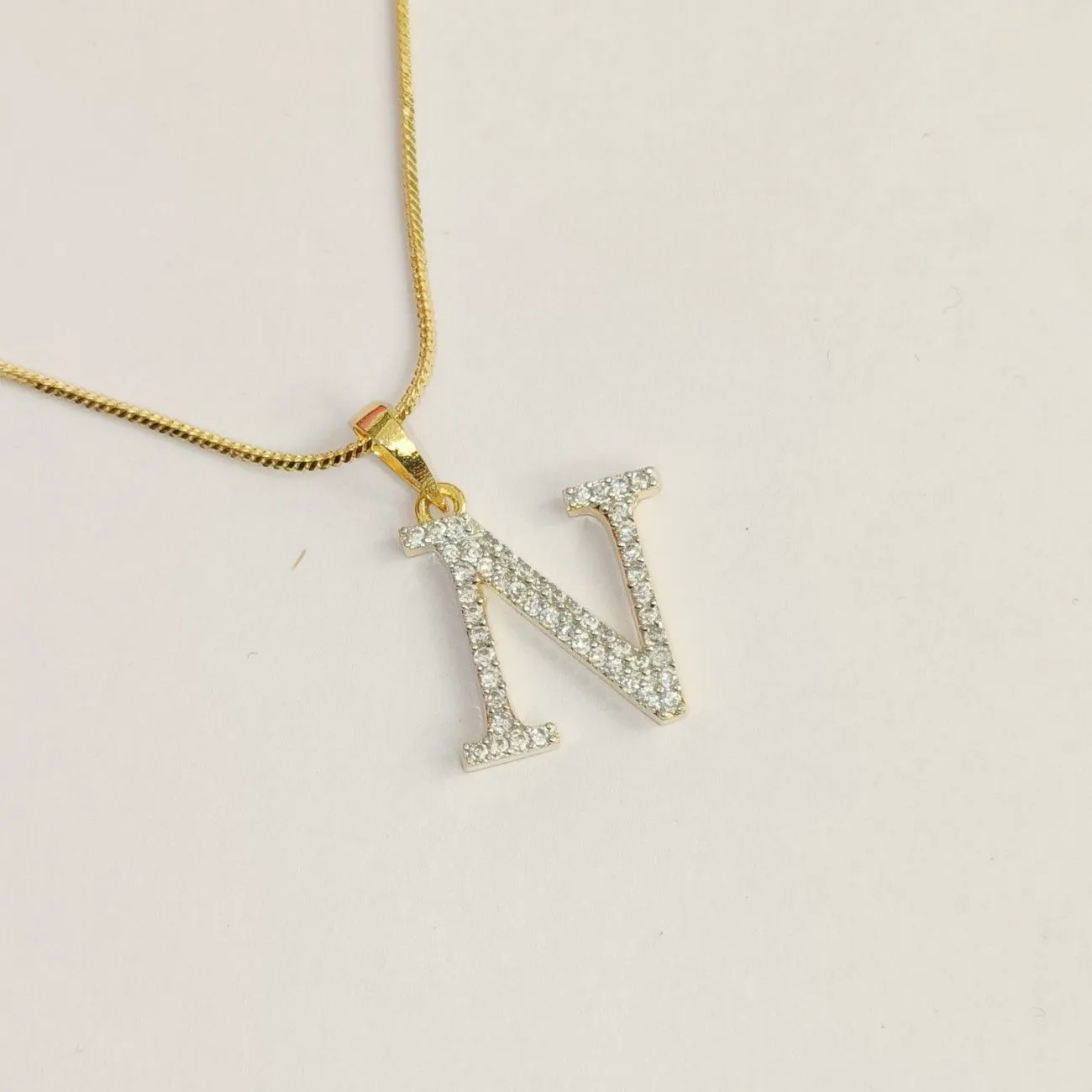 Nimoraa N Initial Small Gold Plated White Stone Pendant Chain