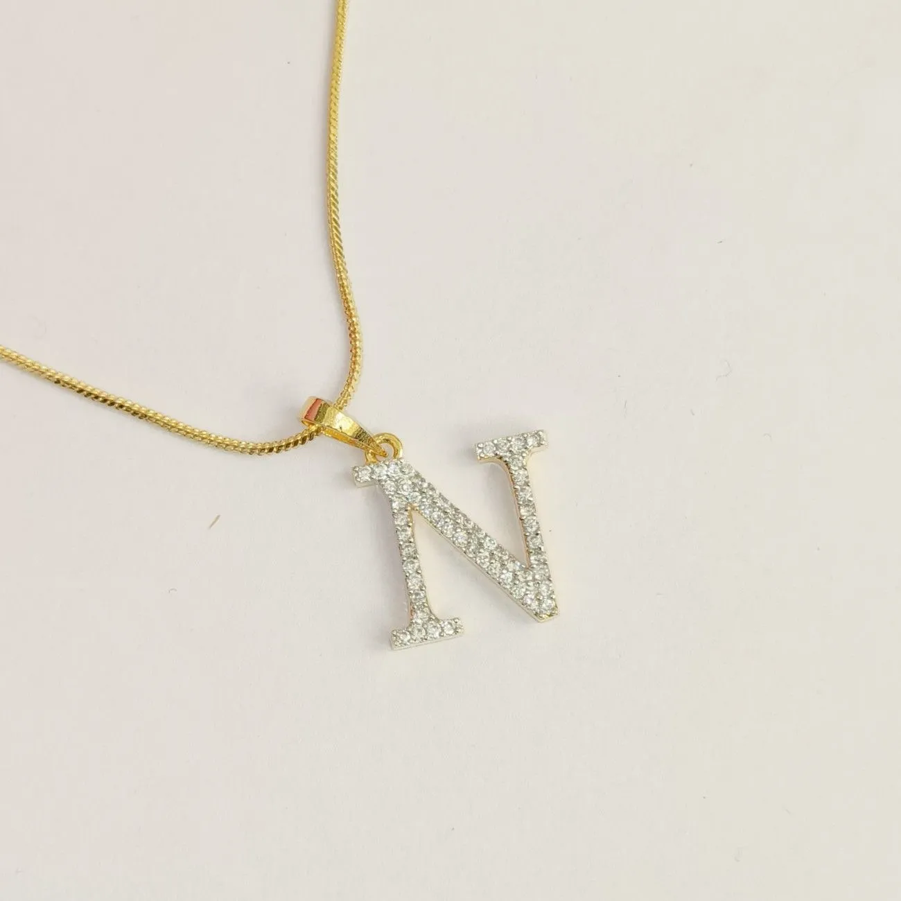Nimoraa N Initial Small Gold Plated White Stone Pendant Chain