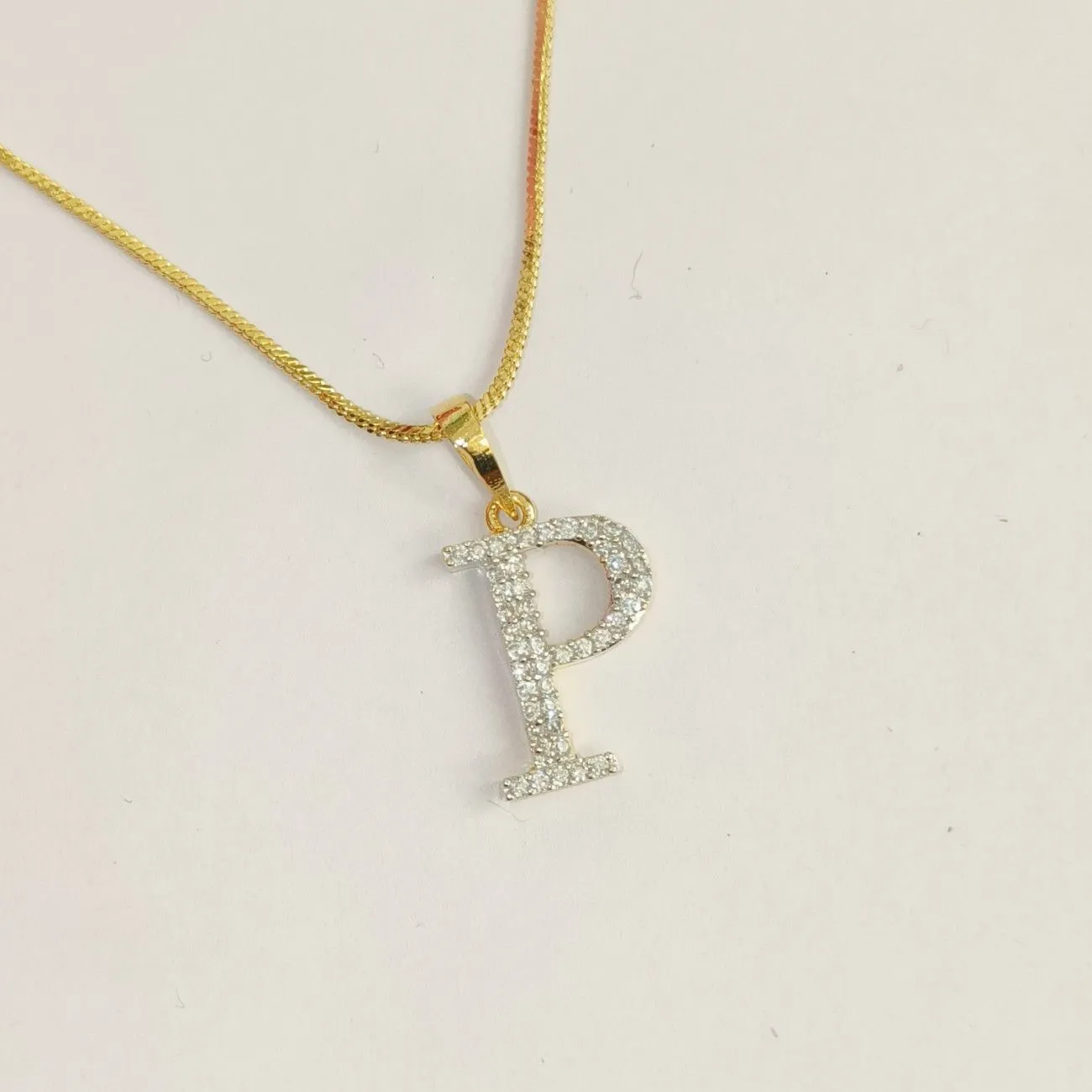 Nimoraa P Initial Small Gold Plated White Stone Pendant Chain