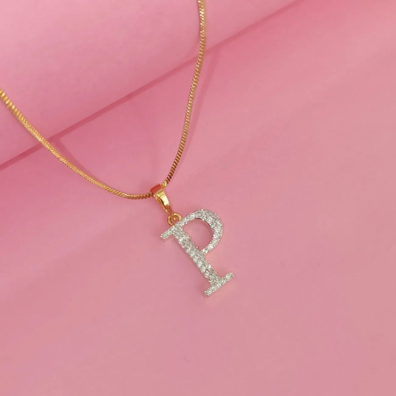 Nimoraa P Initial Small Gold Plated White Stone Pendant Chain