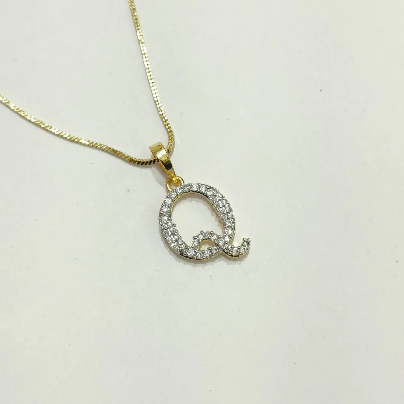 Nimoraa Q Initial Small Gold Plated White Stone Pendant Chain