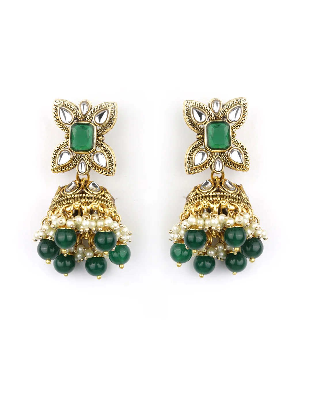 Nimoraa Royal Emerald Kundan Bridal Choker Necklace Set with Maangtikka & Jhumka Earrings