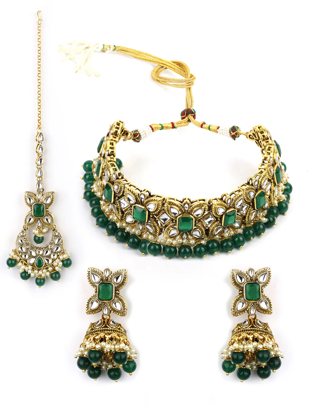 Nimoraa Royal Emerald Kundan Bridal Choker Necklace Set with Maangtikka & Jhumka Earrings