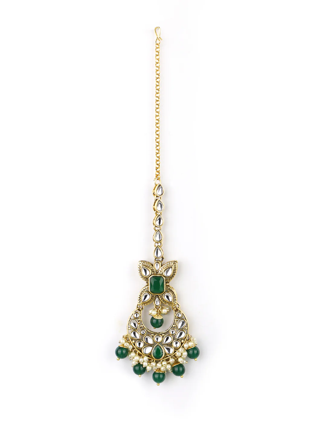 Nimoraa Royal Emerald Kundan Bridal Choker Necklace Set with Maangtikka & Jhumka Earrings