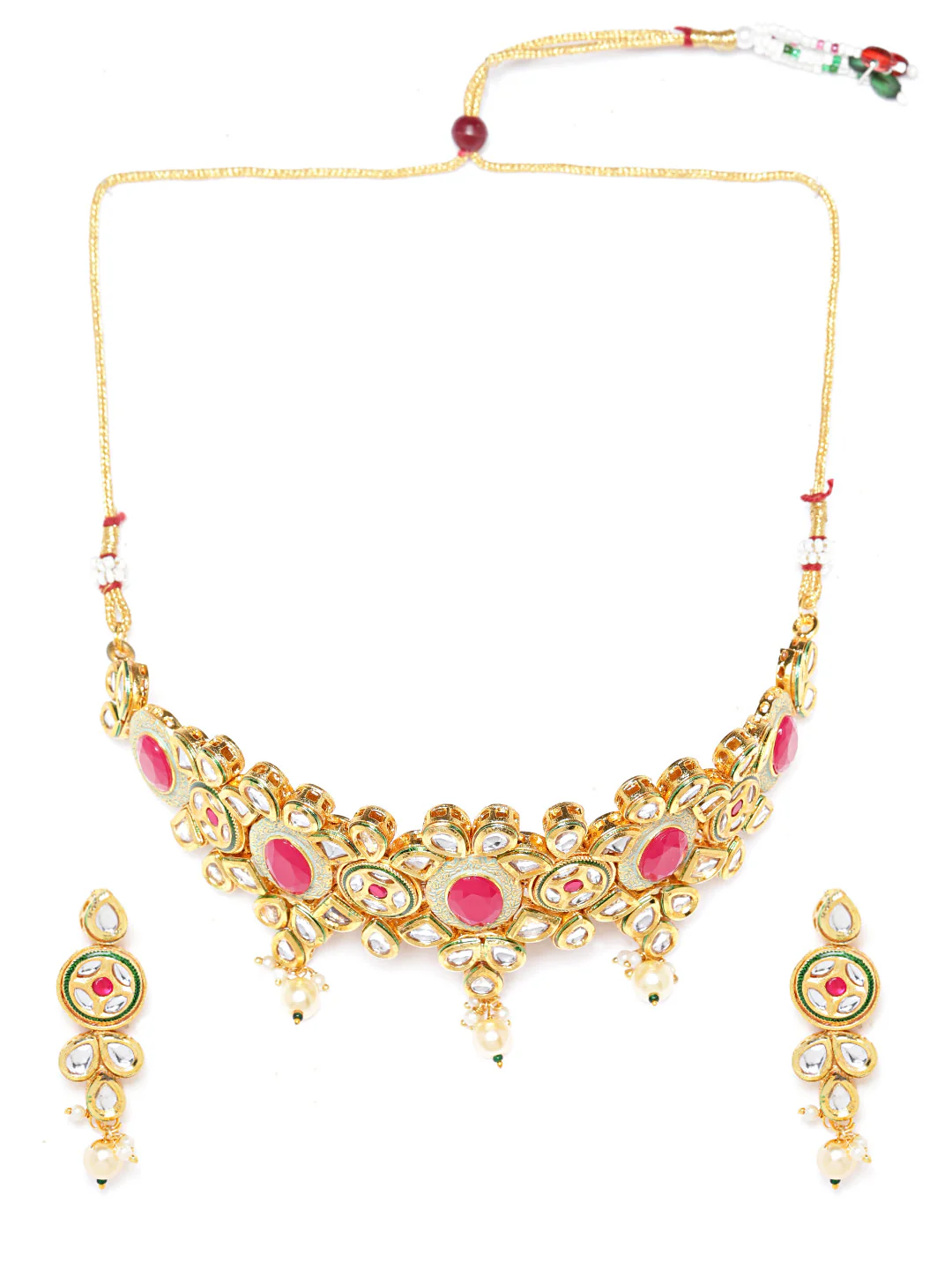 Nimoraa Gold Plated Kundan & Ruby Studded Navy Blue Choker Jewellery Set
