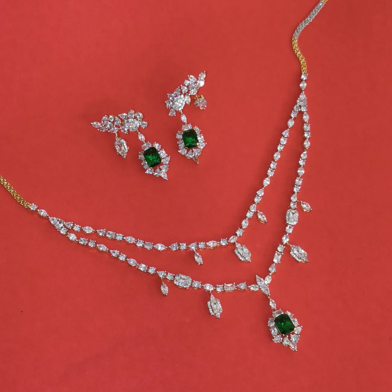 Nimoraa Emerald Elegance Diamond Necklace Set with Statement Cuff Earrings