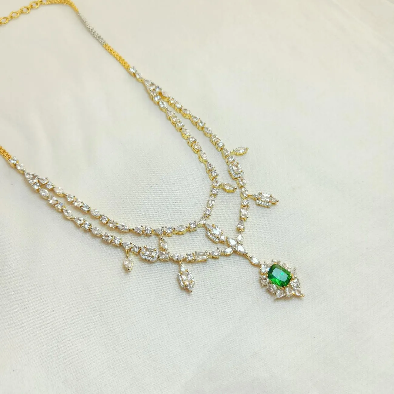 Nimoraa Emerald Elegance Diamond Necklace Set with Statement Cuff Earrings