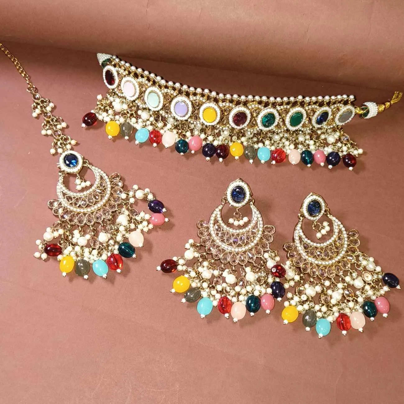Nimoraa Multicolor Beaded Pearl Gold-Plated Statement Choker Set with Chandbali Earrings & Maangtikka