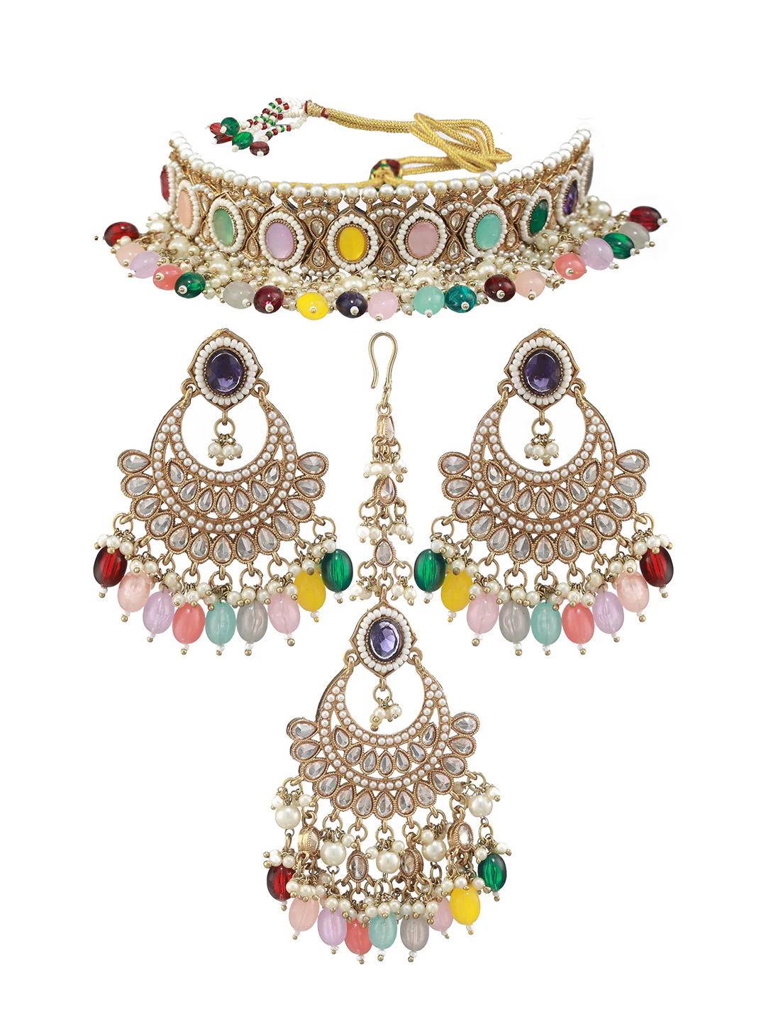 Nimoraa Multicolor Beaded Pearl Gold-Plated Statement Choker Set with Chandbali Earrings & Maangtikka