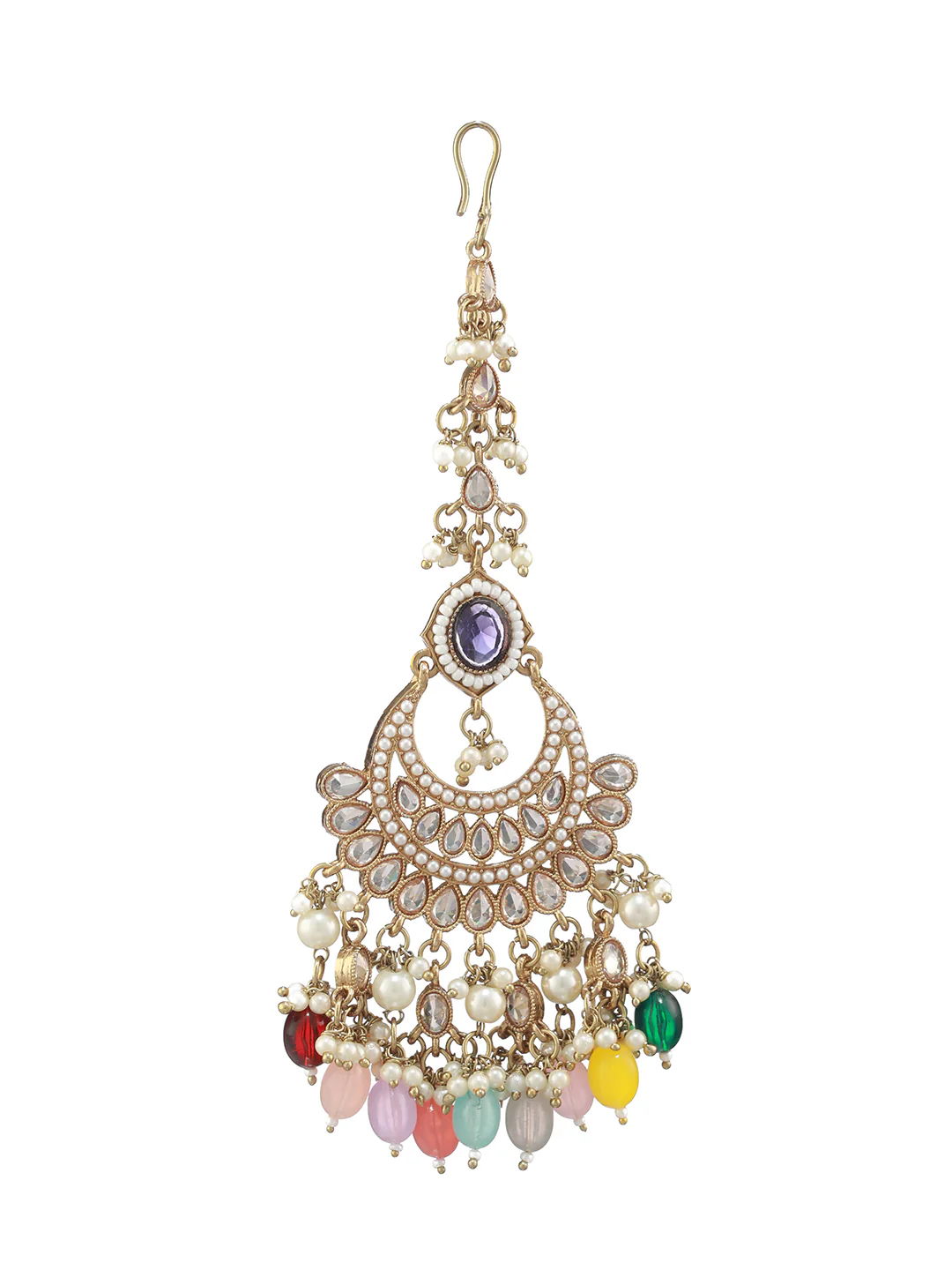 Nimoraa Multicolor Beaded Pearl Gold-Plated Statement Choker Set with Chandbali Earrings & Maangtikka